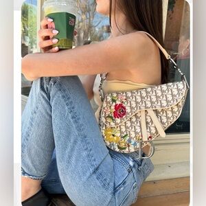 Christian Dior beige floral saddle bag
